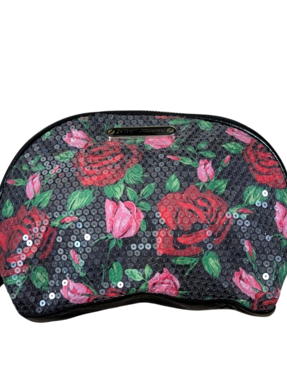 Sequin Rose Print Cosmetic Pouch - Black/Pink/Red